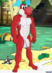 anthro balls beach ciel-wolf clothing dinosaur feet flaccid footwear genitals humanoid_genitalia humanoid_penis male mario_bros muscular muscular_anthro muscular_male nintendo nipples outside paper_mario paper_mario:_the_thousand_year_door penis prehistoric_species red_body red_scales reptile scales scalie shoes solo the_great_gonzales_jr underwear white_body white_scales yoshi