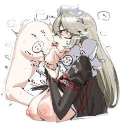 1boy 1girls alexandrina_sebastiane big_breasts exposed_breasts female female_rimming_male handjob handjob_from_behind horn/wood large_breasts licking licking_ass long_hair maid maid_headdress maid_uniform male nude_male nude_male_clothed_female rimjob rimming rimming_male tagme tongue white_background zenless_zone_zero