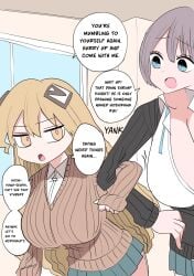 2girls black_cardigan blonde_hair blue_eyes bob_cut botsuko-chan_(zurikishi) breasts cardigan cleavage day female grey_hair hair_between_eyes hair_ornament highres huge_breasts indoors long_hair looking_at_another looking_at_viewer multiple_girls original shirt short_hair speech_bubble translation unbuttoned unbuttoned_shirt very_long_hair window yellow_eyes zurikishi