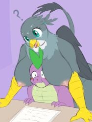 3:4 anthro anthro_on_anthro anthrofied areola avian between_breasts big_breasts blood bodily_fluids breasts dragon duo feathered_wings feathers female friendship_is_magic gabby_(mlp) grey_body grey_feathers gryphon hasbro hi_res huge_breasts lurkingtyger male my_little_pony mythological_avian mythological_creature mythological_scalie mythology nipples nosebleed nude purple_body purple_scales question_mark scales scalie school spike_(mlp) tail wings young