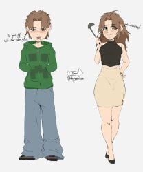 aged_up baggy_clothing boywife bulge bulge_through_clothing creeper_(minecraft) dress english_text femboy fully_clothed halter_top hoodie housewife jeteggs jewelry original original_character skirt talking_to_viewer tf trans_woman transformation utensil wife