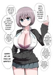 black_cardigan blue_eyes bob_cut botsuko-chan_(zurikishi) bra breasts cardigan cleavage facing_viewer female grey_hair grey_skirt highres huge_breasts lace lace-trimmed_bra lace_trim looking_at_viewer original pink_bra pink_nails pointing pointing_up shirt short_hair simple_background skirt solo speech_bubble standing translation unbuttoned unbuttoned_shirt underwear upper_body white_background zurikishi