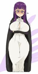 1girls arms_crossed big_breasts blush bursting_breasts english_text female fern_(sousou_no_frieren) frieren_beyond_journey's_end fully_clothed insult jeteggs large_breasts mage open_clothes open_shirt pout pouting purple_hair robe simple_drawing solo solo_focus sousou_no_frieren talking_to_viewer thick thick_thighs thighs weird_proportions