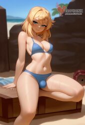 1boy 2d ai_generated ass bangs barefeet big_ass bikini blonde_hair bulge erection erection_under_clothes erophoenix feet full_body green_eyes looking_at_viewer looking_back male male_focus navel nude otoko_no_ko pale_skinned_male patreon_username penis sitting smile soles solo solo_male sweat swimsuit thick thick_thighs toes uncensored