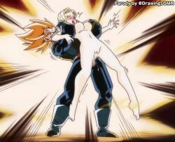 android_18 barefoot blonde_hair blush boots bottomless breasts clothing completely_nude_female cum_in_pussy cum_inside dragon_ball dragon_ball_z feet female footwear forced gmr large_breasts nipples nude open_mouth orange_hair penis sex spiky_hair stand_and_carry_position standing standing_sex straight super_saiyan1boy toei_animation vagina vaginal_penetration vegeta