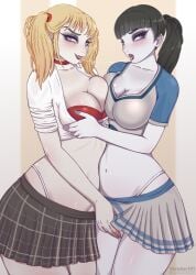 2d 2girls big_breasts bra breast_press breast_to_breast breasts cheerleader_uniform choker clothed eyeliner eyeshadow female female_only goth goth_girl gothic hand_under_skirt holding_breast jeanette_voerman malkavian malkavian_girl miniskirt pale_skin saliva saliva_trail schoolgirl_uniform skirt tagme touching_each_other vampire_the_masquerade vampire_the_masquerade_bloodlines watcher101 white_skin world_of_darkness yuri