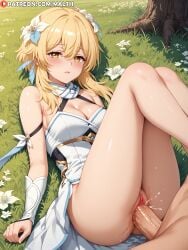 1boy 1girls ai_generated blonde_hair blush cleavage dress embarrassed flower_in_hair genshin_impact highres legs_together looking_at_viewer lumine_(genshin_impact) lying lying_on_back malth medium_breasts missionary_position on_grass outdoors penis pussy pussy_juice scarf sex shy sidelocks vaginal_penetration vaginal_penetration vaginal_sex wet_pussy yellow_eyes