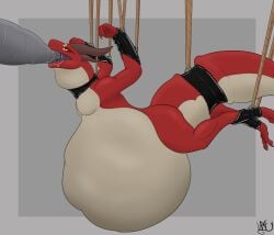 absurd_res anthro bloated bodily_fluids bondage bondage bound clothing deks digestion dragon feederism feeding_tube force_feeding forced hi_res implied_fatal kobold latex male medical_instrument mythological_creature mythological_scalie mythology oral_vore questionable_consent rope saliva scalie scientific_instrument solo tight_clothing vaxeythedraggy vore weight_gain
