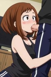 1boy 1girls ai_generated blowjob my_hero_academia ochako_uraraka sleeveless_shirt sucking_penis