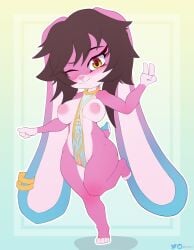 absurd_res anthro big_nipples breasts chibi clothed clothing clothing_between_breasts female floppy_ears fur genitals gesture hand_gesture hi_res ineffective_clothing lagomorph leporid lop_ears mammal nipples one_eye_closed one_leg_up orez_art pelvic_curtain pink_body pink_fur pussy rabbit raised_leg remmy_(remybunny) scut_tail short_stack short_tail sideless_clothing skimpy solo tail trans_(lore) trans_woman_(lore) v_sign wardrobe_malfunction wide_hips wink