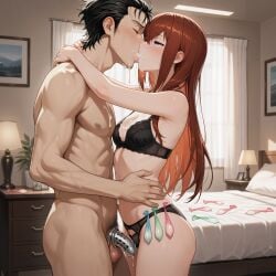 1boy 1girls ai_generated bed bedroom chastity_cage cuckold cum cum_in_mouth kissing makise_kurisu netorare okabe_rintarou snowballing standing used_condom