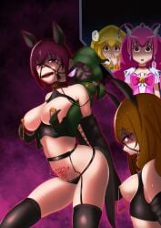 4girls armbinder artist_request audience bdsm_outfit bit_gag bondage bound bound_wrists chiharu_kise choker collar cure_happy cure_peace disgusted dominated fake_animal_ears female female_focus femsub glitter_force goblin harness hoshizora_ikuyo hoshizora_miyuki ikuyo_hoshizora light-skinned_female magical_girl male maledom mature_female mind_control nipple_piercing nipple_rings petplay pony_girl ponyplay precure pretty_cure reins shocked simple_background slave small_dom_big_sub smile_precure submissive_female taller_female tattoo toei_animation yayoi_kise