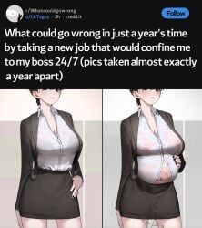 1girls after_sex before_and_after before_and_during_pregnancy belly big_breasts black_bra black_nails body_writing bra bra_visible_through_clothes breasts cleavage cropped_image cum cum_leaking cum_string english_text female female_only hand_on_belly hand_on_hip hand_on_pregnant_belly highres jacket lactating lactating_through_clothing lactation leaking_nipples light-skinned_female light_skin messy mole mole_under_mouth nail_polish navel nipples nipples_visible_through_clothing no_bra office_lady original original_character pencil_skirt pregnancy pregnant pregnant_belly pregnant_female reddit_post see-through see-through_clothing see-through_shirt shirt short_hair skirt smile social_media solo standing stretched_clothing tagme tagua text white_shirt