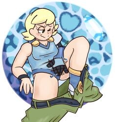 absurd_res blonde_female blonde_hair equa_cetera equa_cetera_(artist) green_eyes highres pants_down prosthetic prosthetic_arm solo_female swimsuit vibrator