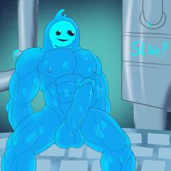 1boy abs blue_skin completely_nude erection fortnite huge_cock muscular muscular_male nude penis rippley_(fortnite) sitting smile solo uncensored