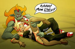 2boys ankama blonde_hair boots evangelyne freckles french_text hagfish happy_sex larger_male open_mouth sex size_difference smaller_female smile spread_legs straight tristecoeur tristepin vaginal_penetration wakfu