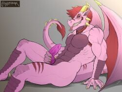 4:3 anthro armpit_hair body_hair cheek_spikes crazydrak dragon erection facial_spikes genitals gradient_background grin hair hi_res horn knot male male_only markings membrane_(anatomy) membranous_wings muscular muscular_anthro muscular_male mythological_creature mythological_scalie mythology narrowed_eyes nude penis pink_body purple_body purple_penis purple_scales red_eyes red_markings red_tongue red_wings scales scalie short_hair side_view simple_background sitting smile solo solo_male spikes spikes_(anatomy) striped_legs striped_markings striped_tail stripes tail tail_markings tail_tuft theros_the_dragon tongue tongue_out tuft vein veiny_penis wings yellow_horn