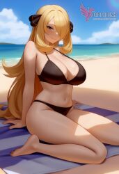 1girls 2d ai_generated ass barefeet beach big_ass big_breasts bikini blonde_hair breasts cynthia_(pokemon) erophoenix feet female female_focus full_body long_hair looking_at_viewer looking_back milf nintendo nude older_woman pale_skinned_female patreon_username pokemon pokemon_dppt smile soles solo solo_female sweat swimsuit thick thick_thighs toes uncensored voluptuous