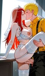 1boy 1female ai ai_generated big_penis blonde_hair breasts closed_eyes female huge_cock incest jewelry kissing large_breasts lingerie long_hair male naruto naruto_(series) naruto_shippuden nipples no_panties red_hair sex short_hair straight tiara uzumaki_kushina uzumaki_naruto vaginal_penetration vaginal_sex white_bra white_gloves