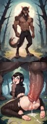 ai_generated anal anal_sex anthro anthro_penetrating bangs black_hair comic_panel cum gaping gaping_anus hotel_transylvania huge_cock large_penis mavis_dracula raped raped_by_monster story vampire werewolf