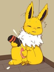 after_masturbation balls blush blush_lines bodily_fluids closed_eyes cum cum_on_feet cumshot eeveelution ejaculation feet feral fur generation_1_pokemon genital_fluids genitals hi_res holding_penis inukami_hikari jolteon male nintendo paws penis pokemon pokemon_(species) sex_toy solo sweat sweatdrop tapering_penis white_body white_fur yellow_body yellow_ears yellow_fur