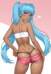 1girls ai_generated alex_(lugame) ass blue_hair bubble_ass bubble_butt butt_crack butt_focus clothed_female dark_skin female flower_in_hair glistening glistening_body looking_at_viewer looking_back lugame pulling_clothing pulling_down_pants pulling_panties purple_eyes shorts simple_background teasing thong twintails