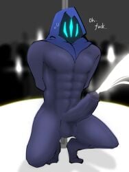 3:4 abs anthro ass balls bodily_fluids crouching cum dancing digital_media_(artwork) english_text erection faceless_character genital_fluids genitals ghost hi_res human ice_cloth interspecies looking_at_viewer male male/male mammal muscular nipples not_furry nude omen_(valorant) penile penis pole pole_dancing profanity riot_games sex simple_background solo spirit tencent text valorant