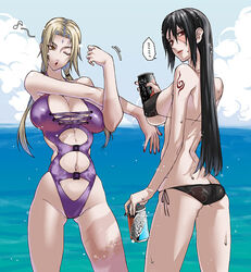 2girls ass beach beige_skin bikini black_hair blonde_hair blush breasts brown_eyes cameltoe can cleavage closed_mouth clothes cloud color dark_hair day drink female female_only flat_ass forehead_jewel hair highleg highleg_swimsuit holding huge_breasts human large_breasts long_hair looking_back multiple_girls musical_note naruto navel open_eyes outdoors red_eyes round_ears rule_63 sideboob sky soda standing straight_hair stretching sweat swimsuit tsunade uchiha_itachi underboob water wink zokenwatarushi