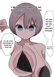areola_slip bikini black_bikini blue_eyes bob_cut botsuko-chan_(zurikishi) breasts covered_erect_nipples facing_viewer female grey_hair hair_between_eyes highres huge_breasts large_areolae looking_at_viewer original short_hair simple_background solo speech_bubble swimsuit translation white_background zurikishi