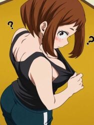 1girls ai_generated ass confusion flashing_breasts looking_back my_hero_academia ochako_uraraka sleeveless_shirt