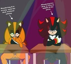anthro bite blush bored duo female finger_bite finger_in_mouth genitals hi_res male male/female masturbation party penis pussy sega shadow_the_hedgehog sonic_(series) sonic_boom sonic_the_hedgehog_(series) soulyagami64 sticks_the_jungle_badger thinking