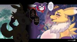 1boy 1girls 2nd_city_saint digimon digimon_(species) english english_dialogue english_text impmon interspecies mendys monster_boy purple_body renamon size_difference yellow_fur