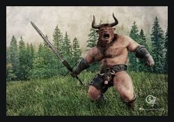 5ive9ine2wo absurd_res armor belt bovid bovine breasts cattle cod_piece ear_piercing ear_ring european_mythology facial_piercing fur genitals glans greek_mythology hairy hi_res male mammal melee_weapon minotaur muscular muscular_male mythology nipple_piercing nipples nose_piercing nude peaking penis piercing ring_piercing solo sword taur weapon