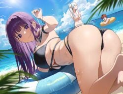 1boy 1girls 2girls absurdres arm_strap ass ayoni_623 beach bikini black_bikini breasts female fern_(sousou_no_frieren) frieren highres large_breasts long_hair looking_at_viewer male multiple_girls navel ocean outdoors purple_eyes purple_hair sousou_no_frieren stark_(sousou_no_frieren) swimsuit thighs topless_female unworn_bikini_top wet white_hair