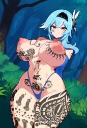 1girls ai_generated blue_hair eula_(genshin_impact) female genshin_impact qos qos_tattoo queen_of_spades string_bikini thick_thighs