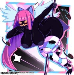 1girls angel_wings areolae black_body breasts colored_inner_hair dankodeadzone demon demon_girl female female_only glowing_eyes hair_ribbon high_heels huge_breasts inverted_nipples legwear multicolored_hair nipples panty_&_stocking_with_garterbelt pink_hair pole pole_dancing purple_hair sharp_teeth solo stocking_anarchy stockings striped_legwear teeth torn_clothes torn_clothing torn_stockings wings