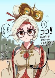 breasts eyeshadow eyewear_on_head female glasses hair_bun hair_ornament hair_stick highres inconvenient_breasts japanese_text large_breasts looking_at_viewer makeup nintendo purah red-framed_eyewear red_eyes red_eyeshadow round_eyewear short_hair solo the_legend_of_zelda the_legend_of_zelda:_tears_of_the_kingdom translation_request white_hair zurikishi