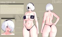 1girls alternate_breast_size android android_girl ass back_view beauty_mark big_ass big_breasts bikini black_bikini black_blindfold blue_eyes breasts character_sheet child_bearing_hips cleavage covered_eyes curvy curvy_body curvy_female curvy_figure female female_focus female_only fit fit_female front_view hair_over_one_eye hairband hand_on_hip hand_on_own_hip information information_sheet large_ass large_butt light-skinned_female light_skin lipstick mole mole_under_mouth navel nier:_automata nier_(series) open_mouth revealing_clothes robot robot_female robot_girl robot_humanoid seductive short_hair solo solo_female solo_focus text text_box thighhighs tight_clothing voluptuous voluptuous_female white_hair wide_hips yorha_2b z3laris