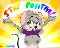 chuck_e_cheese_(franchise) clothed green_eyes grey_fur grey_hair mouse mouse_ears mouse_girl mouse_tail mouth_closed purple_shirt r34arts shirt_lift smile