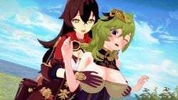 2girls 3d amber_(genshin_impact) big_breasts blush breasts collei_(genshin_impact) female female_only genshin_impact green_hair groping groping_breasts groping_from_behind koikatsu purple_eyes rhcpftw yuri