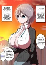 black_cardigan blue_eyes bob_cut botsuko-chan_(zurikishi) bra breast_pocket breasts cardigan cleavage cloud female grey_hair grey_skirt hair_between_eyes highres huge_breasts lace lace-trimmed_bra lace_trim on_roof orange_sky original outdoors pink_bra pocket railing shirt short_hair skirt sky solo speech_bubble sunset translation unbuttoned unbuttoned_shirt underwear zurikishi