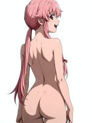 ai_assisted ai_generated ass ass_focus breasts completely_nude female from_behind gasai_yuno hair_ornament hair_ribbon looking_back mirai_nikki nude pink_eyes pink_hair ribbon simple_background solo spasibo15 twintails white_background