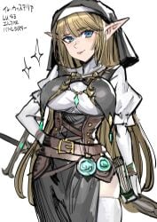 absurdres belt blonde_hair blue_eyes breasts closed_mouth commentary_request elf female habit highres juliet_sleeves large_breasts long_hair long_sleeves looking_at_viewer nun original pointy_ears puffy_sleeves simple_background sketch smile solo soystar soystarr18 sparkle white_background