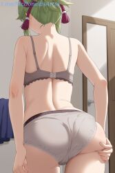 1female 1girl 1girls ai_generated ass ass_grab ass_support back bra commentary_request cowboy_shot door facing_away female female_focus female_only from_behind genshin_impact grabbing_own_ass green_hair grey_bra grey_panties hand_on_own_ass indoors kuki_shinobu median_furrow panties ponytail rope short_ponytail sidelocks skirt solo stable_diffusion standing tassel thighs underwear underwear_only unworn_skirt zelanell