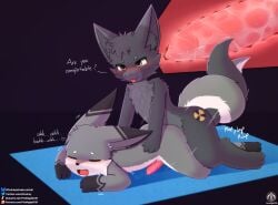 absurd_res anal anal_sex animal_genitalia animal_penis blush canine_genitalia canine_penis claws closed_eyes dragon duo entwined_tails fangs fur fur_markings furred_dragon furred_scalie genitals heart_symbol hi_res iradeon lying male male/male markings mythological_creature mythological_scalie mythology nuclear54_(character) penetration penis scalie sean_(senz) senz shaking tail tail_coil teeth text thrusting tongue tongue_out trembling x-ray_view yoga_mat
