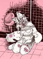 acab anthro areola ball_gag bodily_fluids bonnie_guerra bound breasts canid canine canis clothing collar domestic_dog drooling ear_piercing ear_ring ear_tuft floor futanari gag genitals graffiti hi_res intersex legwear mammal nipples penis piercing restricted_palette ring_piercing rope saliva sitting solo stockings tile tile_floor tile_wall trans_(lore) trans_woman_(lore) tuft urinal wall_(structure)