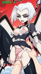 2025 ai_generated angel closed_eyes ends34 female female_focus hazbin_hotel lute_(hazbin_hotel) medium_breasts pink_panties sex short_hair sleeping solo torn_clothes white_hair