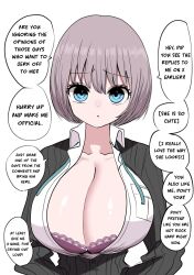 black_cardigan blue_eyes bob_cut botsuko-chan_(zurikishi) bra breasts cardigan cleavage facing_viewer female grey_hair hand_in_pocket highres huge_breasts lace lace-trimmed_bra lace_trim looking_at_viewer original pink_bra shirt short_hair simple_background solo speech_bubble translation underwear upper_body white_background white_shirt zurikishi