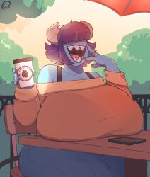 big_breasts blue_skin breasts clothed coffee coffee_mug huge_breasts looking_at_viewer outside peculiart purple_hair sharp_teeth sitting solo solo_female sue_(peculiart) voluptuous wedding_ring