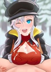 1boy black_jacket blue_eyes breasts ciderwrath cleavage_cutout clothing_cutout cum cum_on_body cum_on_breasts cum_on_hair dragalia_lost ear_covers earmuffs facial female forest gloves goggles goggles_on_head highres ilia_(dragalia_lost) jacket large_breasts looking_at_viewer male nature one_eye_closed open_clothes open_jacket open_mouth paizuri red_shirt shirt signature snow white_gloves white_hair